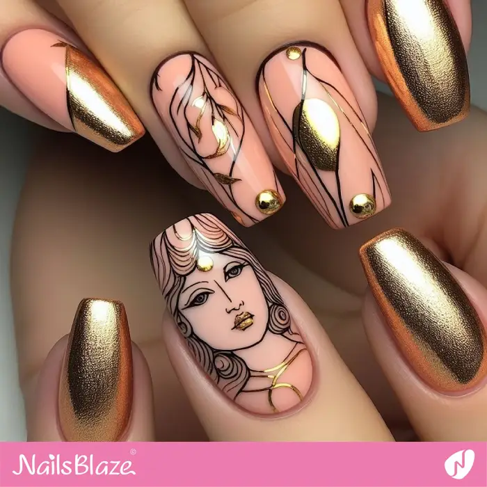 Line Art Portrait Nails with Chrome Design | Color of the Year 2024 - NB2446